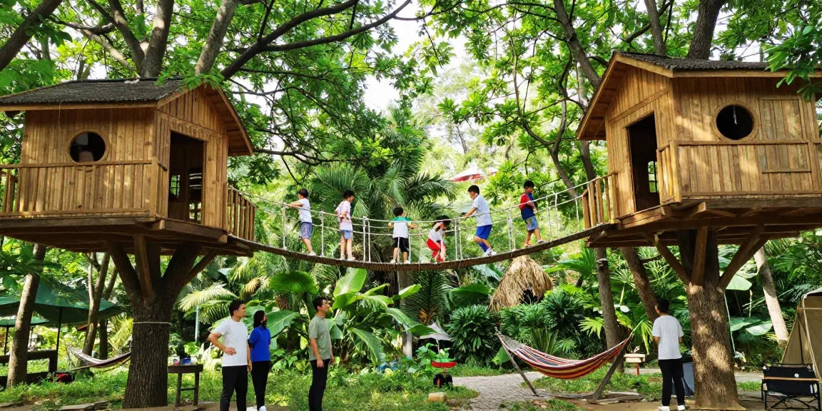 Rope Bridge design showcasing children crossing a bridge between treehouses in a picturesque forest.