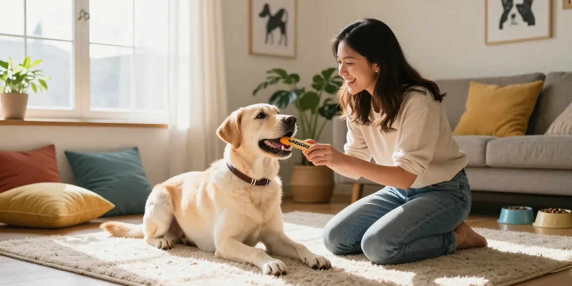 Owner plays with a happy Labrador retriever using a NAGA2000 chew toy in a cozy living room scene.