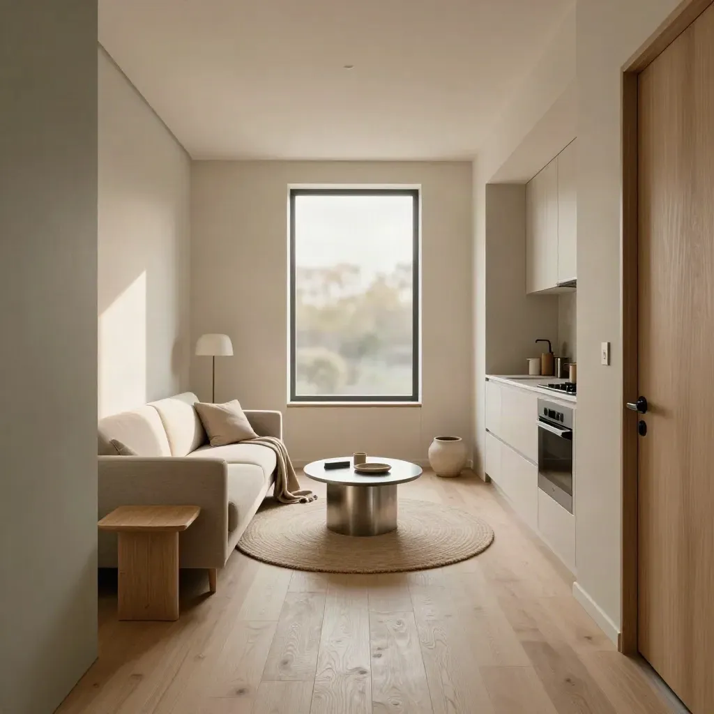 Narrow condo living area with slim sofa, nesting tables, and a round rug in warm morning light.