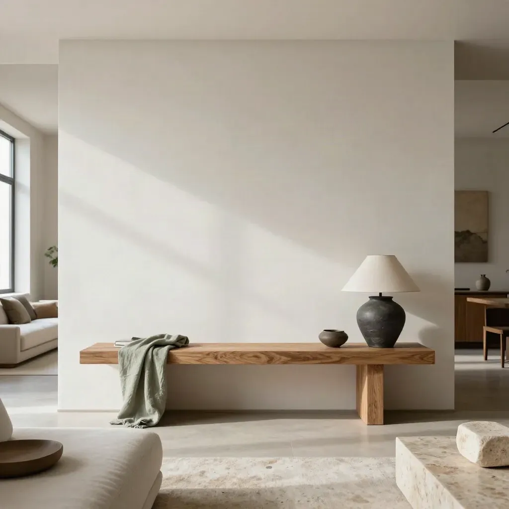 Sage, oak and charcoal living room palette with warm white wall and stone accents in soft daylight