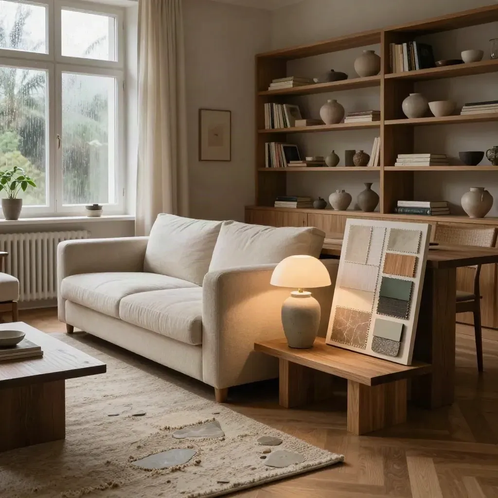 Scandinavian living room with glowing lamp, oak shelving, sofa, and material samples after rain.