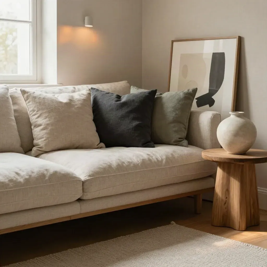 Cozy reading corner with cushions, oak side table, vase, and leaned art in warm lamplight.