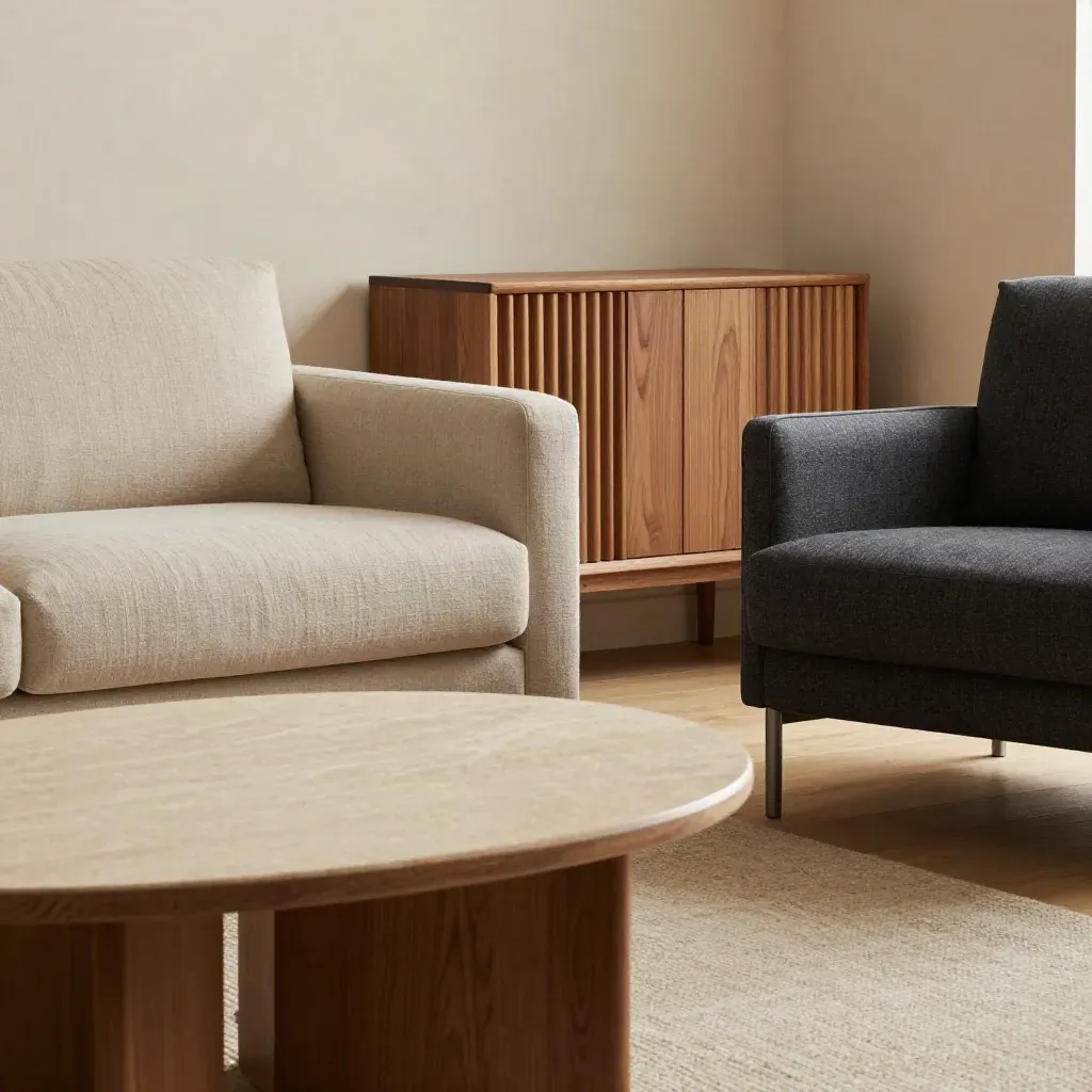 Curated sofa, table, cabinet, and chair arranged in a cozy Scandinavian room corner.