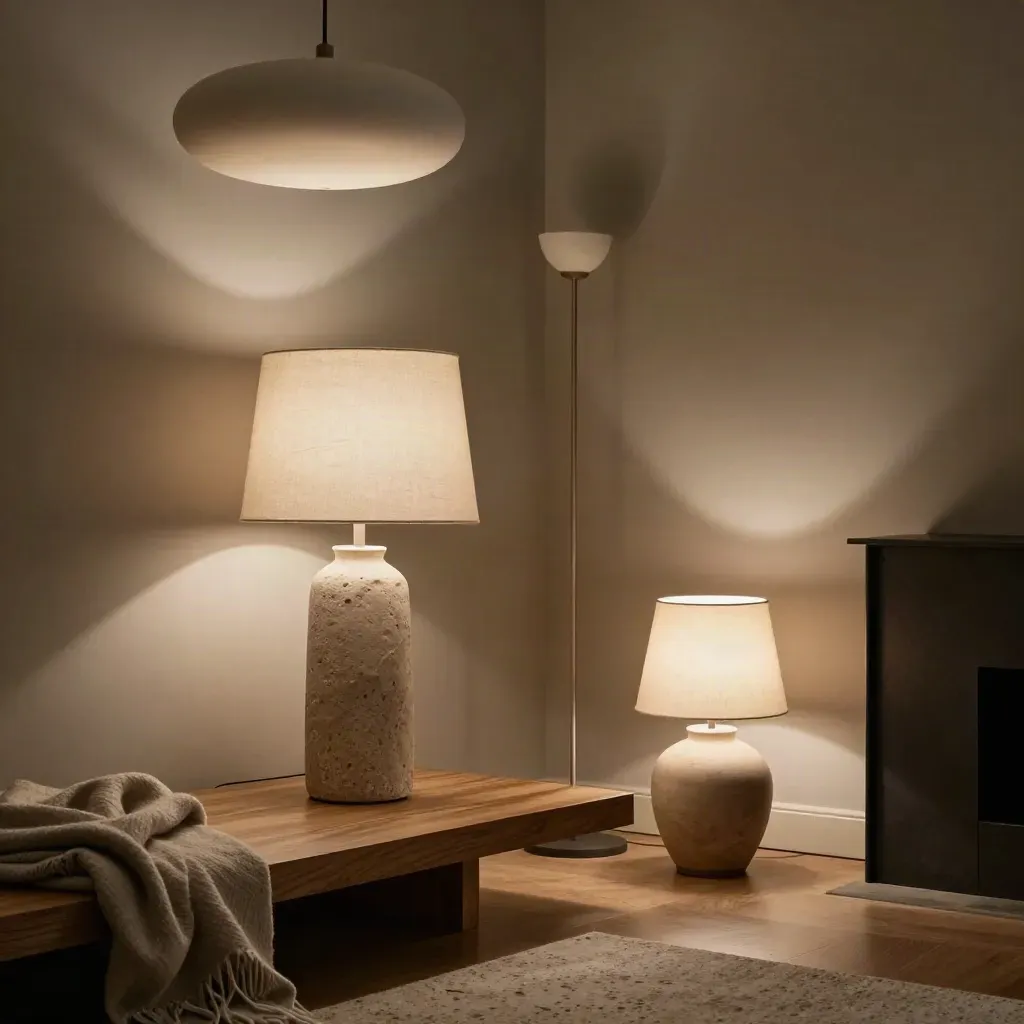 Layered lamps glowing in a moody Scandinavian room corner at dusk