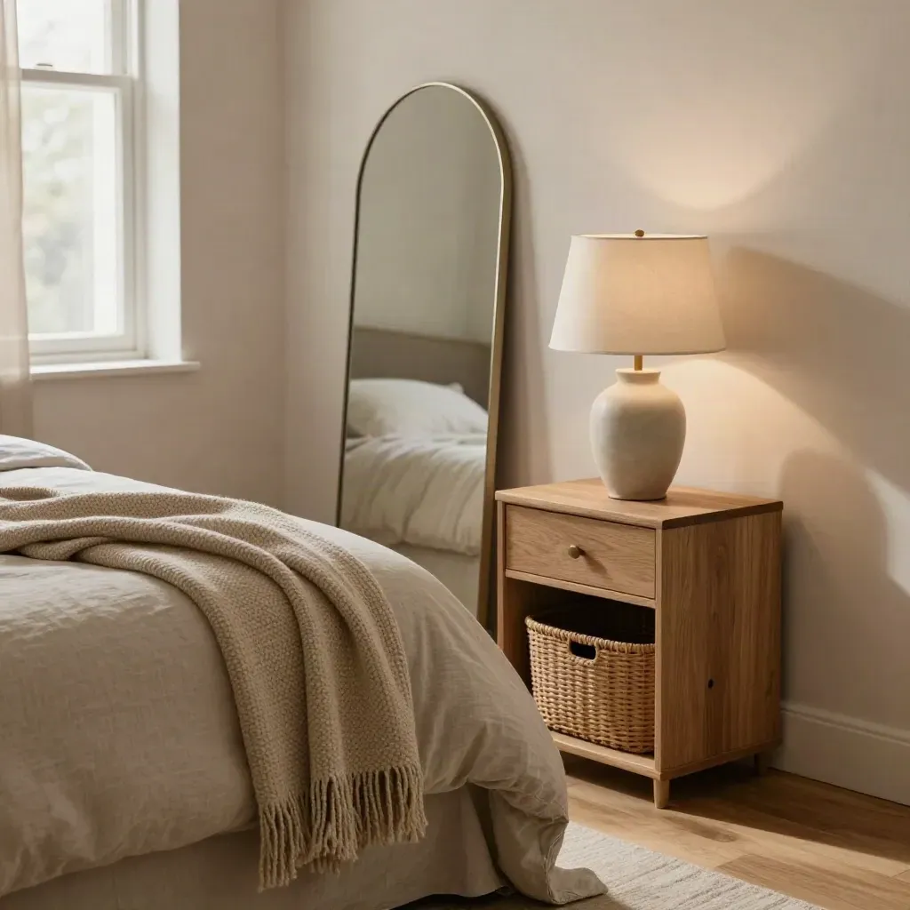 Compact bedroom refresh with throw, lamp, mirror, and storage basket in warm daylight.