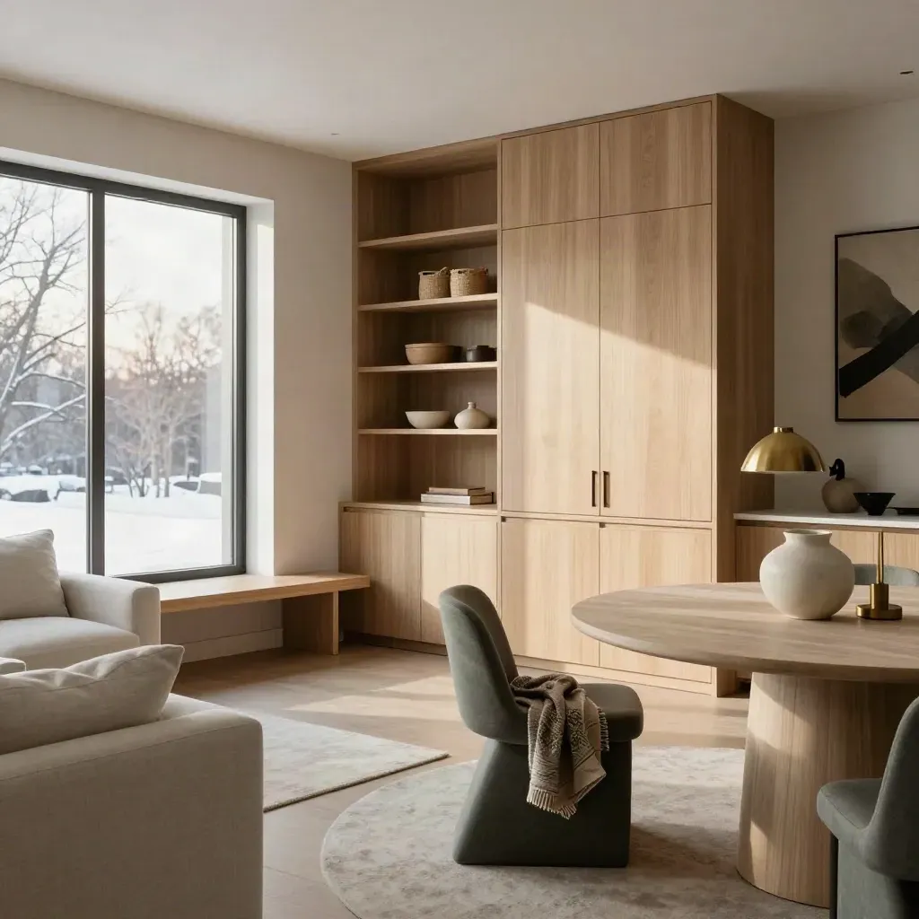 Sunlit North Loop condo living-dining room with oak storage, clear paths, and warm Nordic finishes.