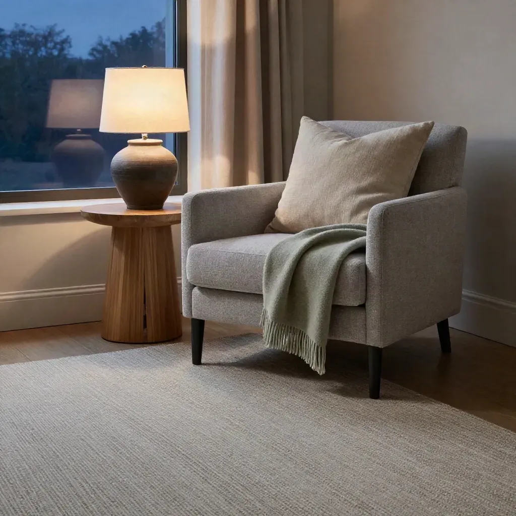 Cozy rental lounge corner with boucle chair, sage throw, rug, and glowing lamp at dusk.