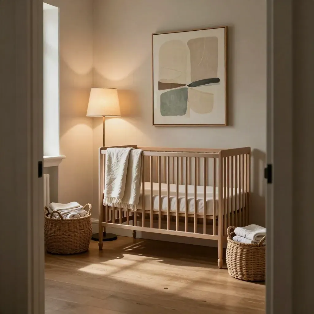 Curved crib, glowing lamp, baskets, and soft artwork in a calm nursery at dusk.