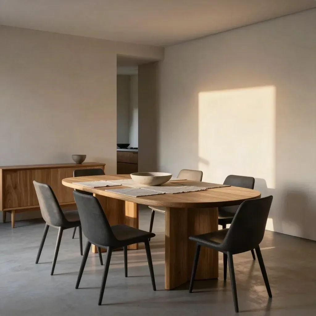 Elegant dining room with oval oak table, slim charcoal chairs, and sunset shadows.