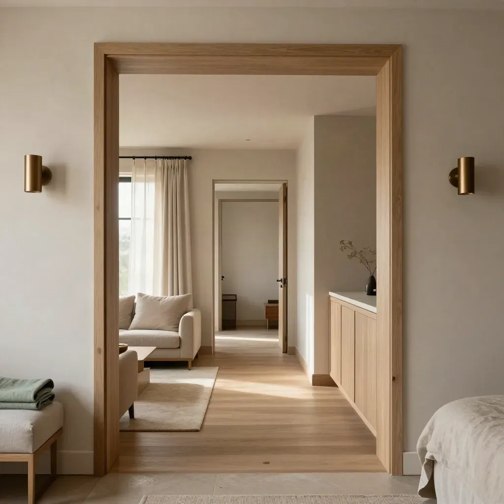 Unified oak-beige interior linking living room, hall, and bedroom with morning light.
