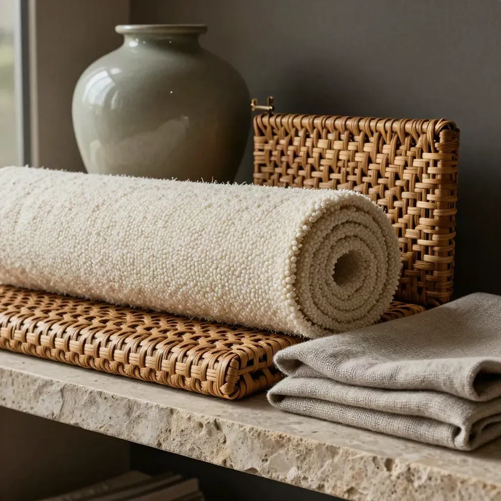 Ceramic vase, boucle roll, rattan sample and linen throw stacked on a stone shelf in dramatic studio light