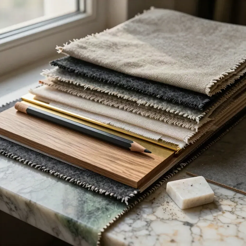 Macro still life of swatches, brass samples, graphite pencil and oak veneer on travertine.
