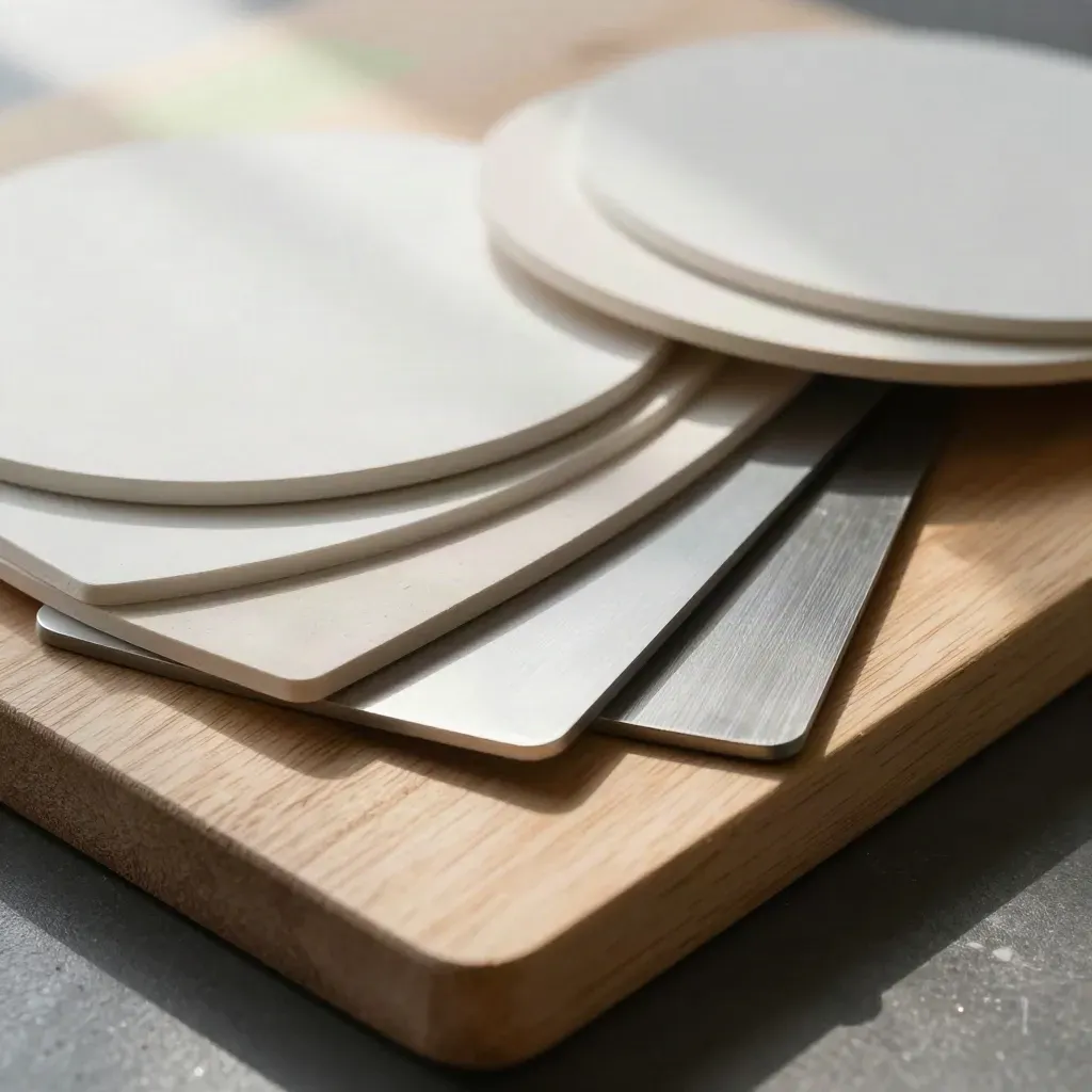 Paint samples and brushed metal swatches on an oak board in close-up.