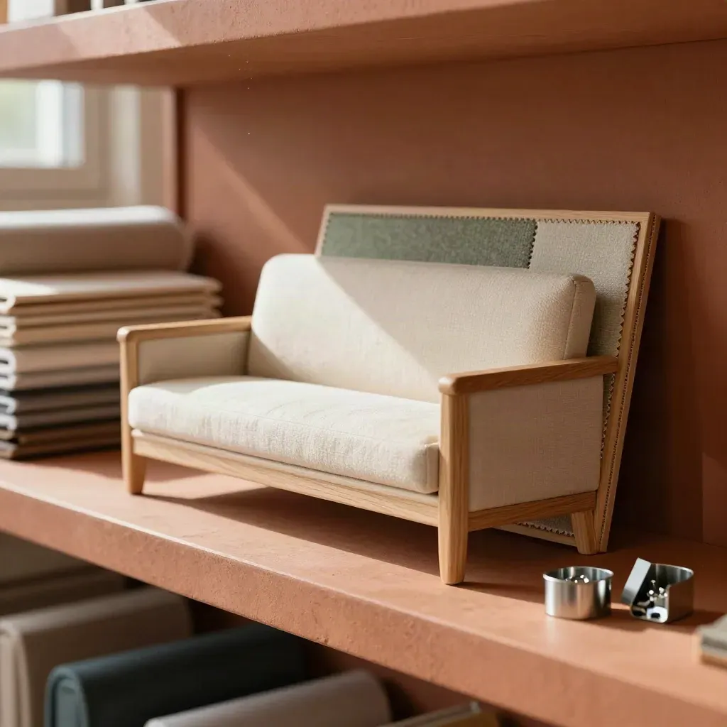 Mini sofa frame sample with swatches and hardware on an upholstery workshop shelf.