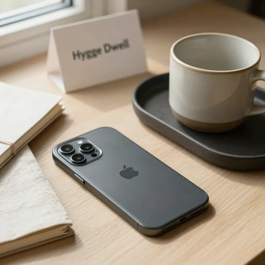 Charcoal phone, mug, linen notebook, and key tray on woven surface, ready for a call.