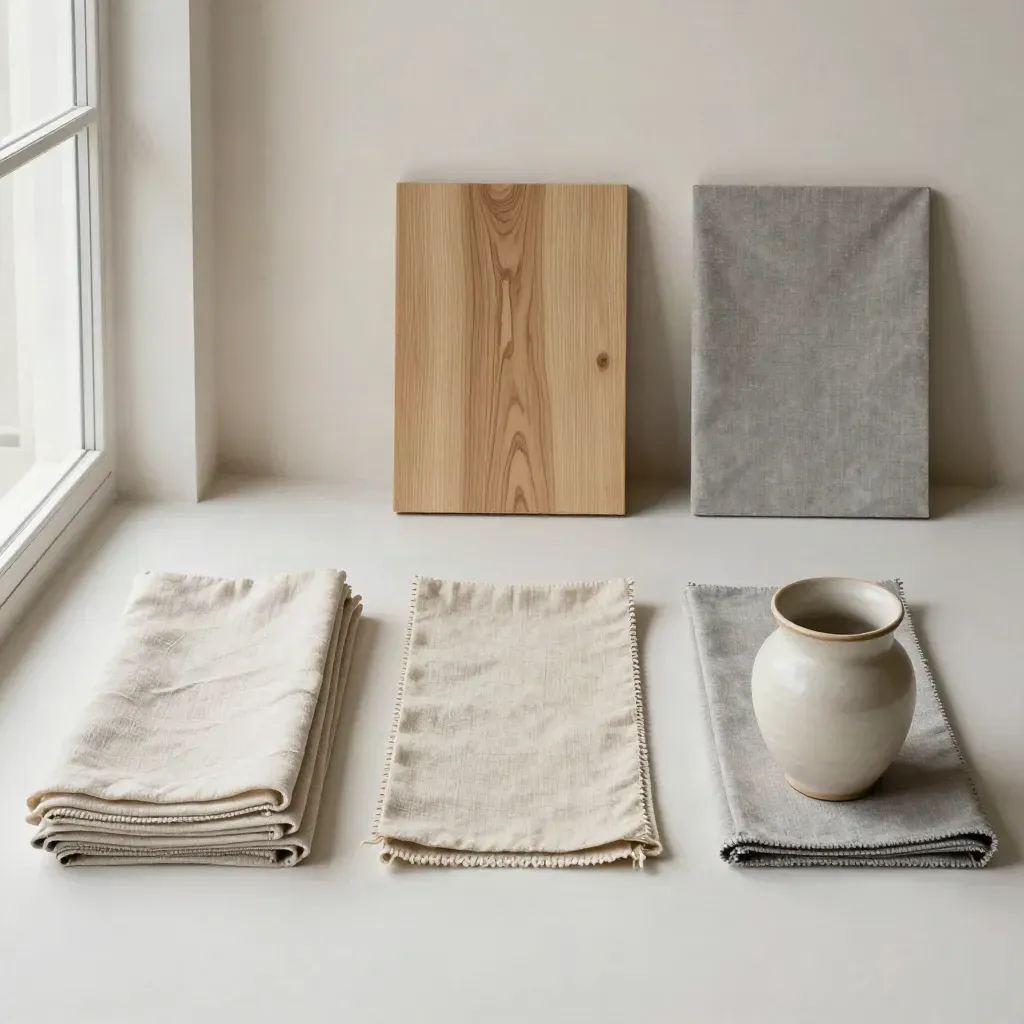 Overhead still life of oak layout blocks, fabric swatches, and a ceramic lamp base on plaster.