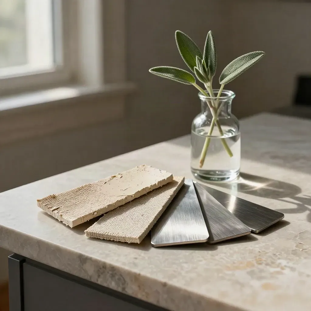 Plaster chips, linen swatches, metal tabs, and a sage sprig in a glass vase