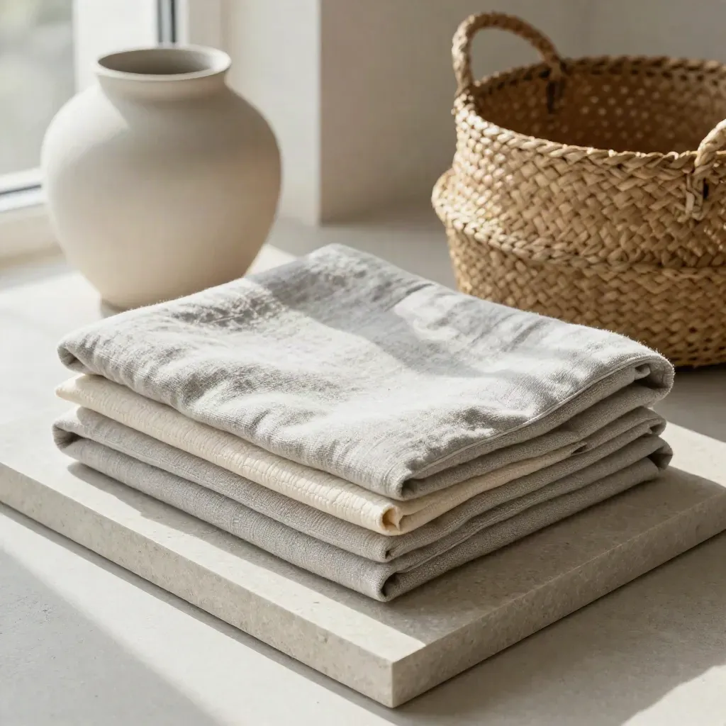 Stone tray with throw, cushion insert, lamp shade, and basket in soft daylight