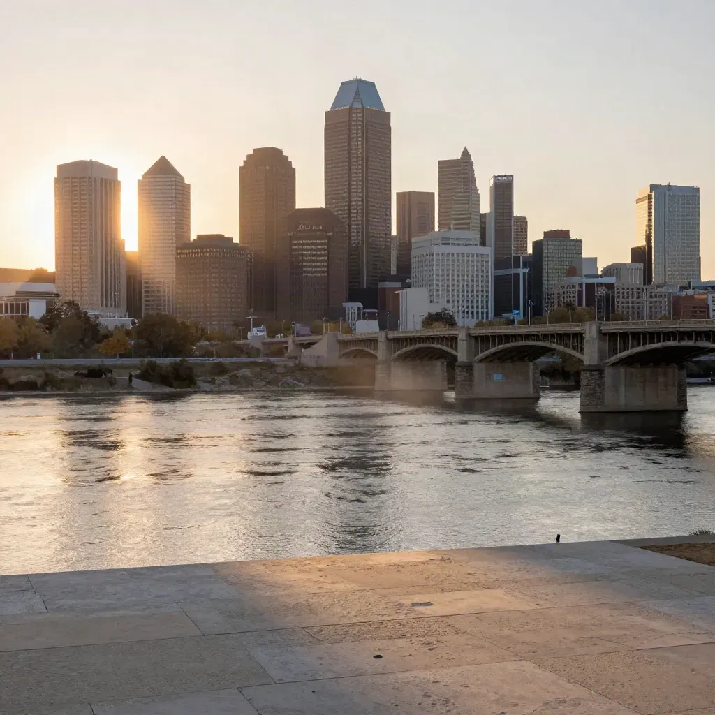 Minneapolis skyline glows over the Mississippi River at sunrise, with mist and a stone bridge approach.