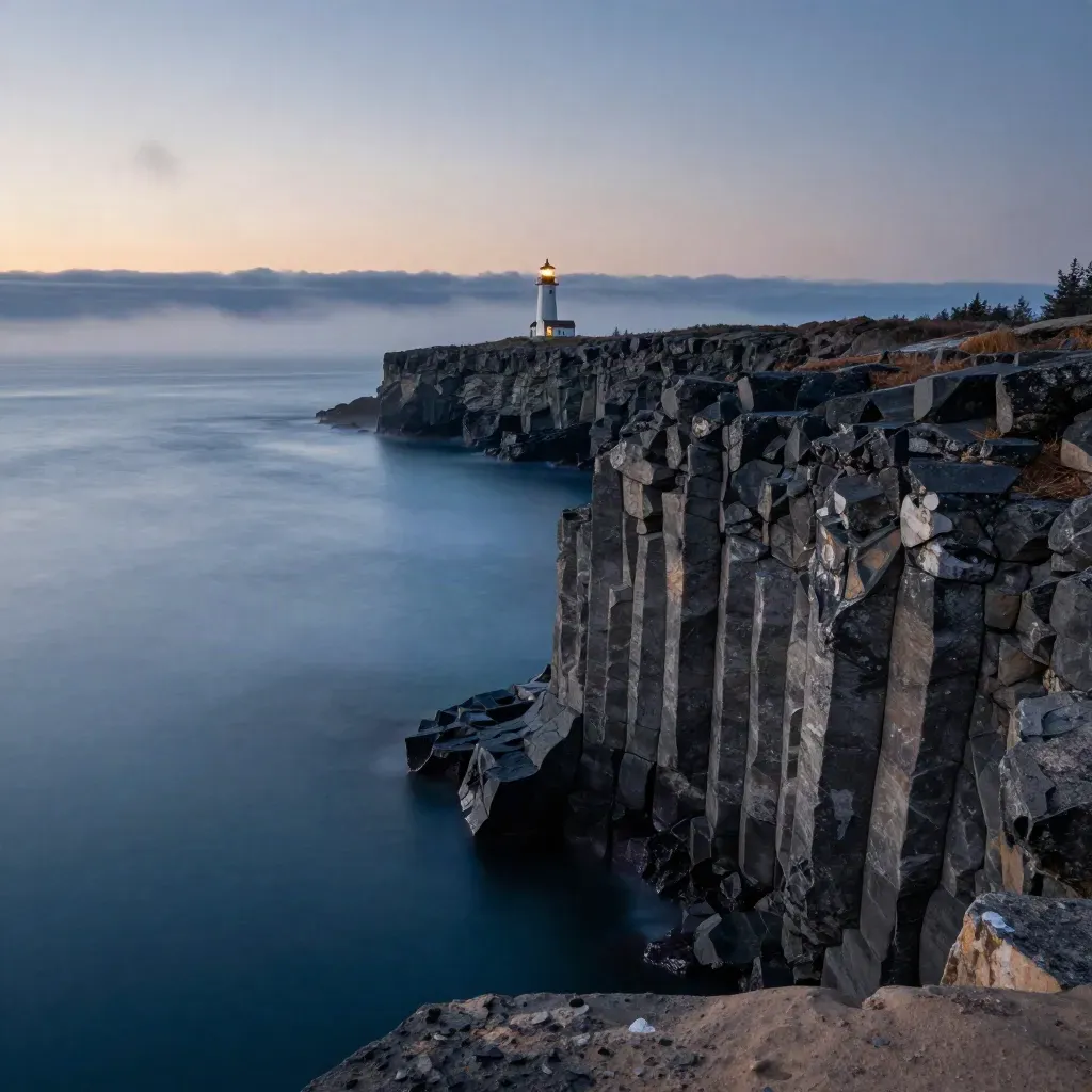 Basalt cliffs and a distant lighthouse over misty Lake Superior at blue hour.