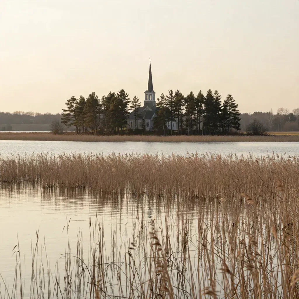 Hazy lake-country marsh with a lone church steeple and pines above calm water at sunset.