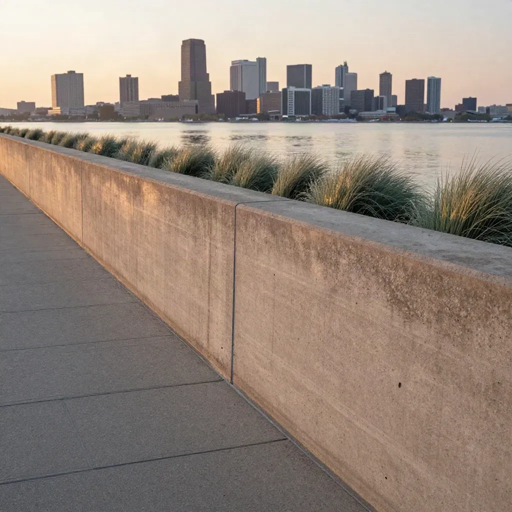 Milwaukee skyline above a quiet limestone lakefront wall at sunset