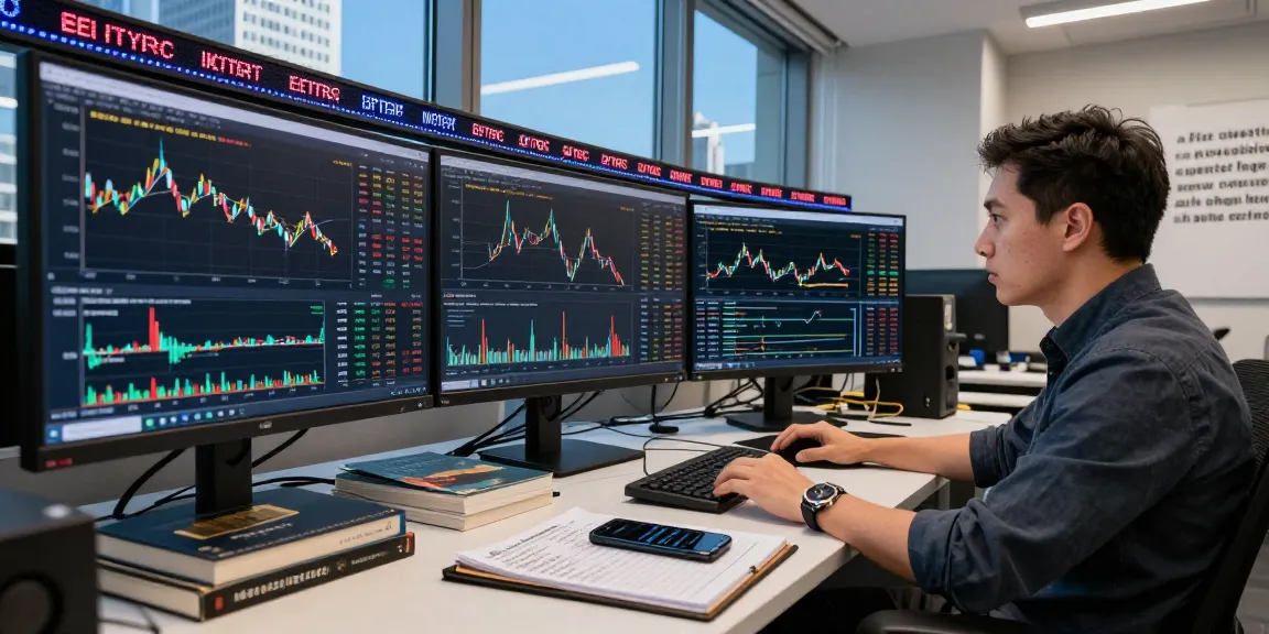 Trader analyzing cryptocurrency trends in a modern financial office space featuring multiple screens and market data relevant to https://crypto-reviews.ru/okx-v-kazahstane/.