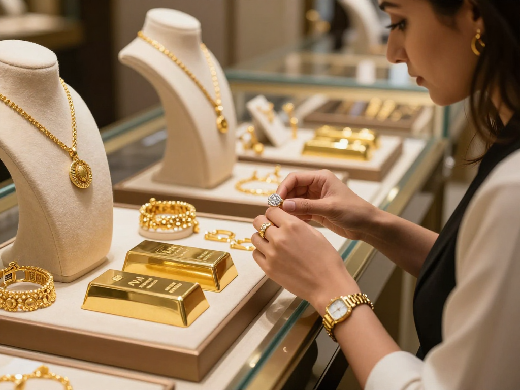 Exquisite gold jewelry and 24K gold bars displayed in a luxurious showroom inviting customers to explore https://bahraingoldprices.com/.