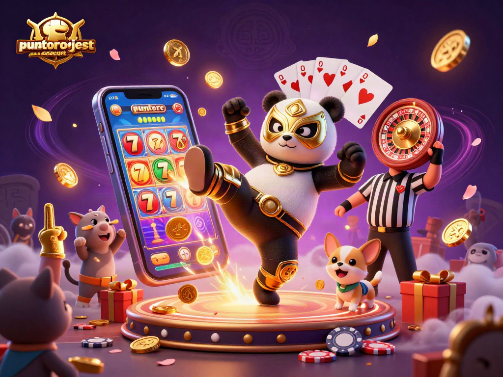 Puntorojorestaurant showcases an exciting casino scene featuring a wrestler panda kicking, surrounded by jubilant animal spectators and vibrant game elements.