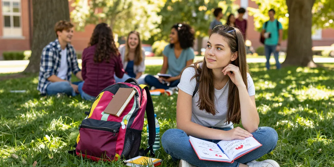 Young woman daydreaming about her crush on a sunny campus lawn.