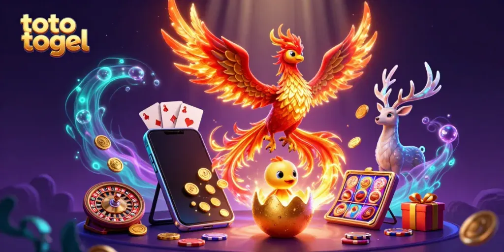 Immerse in the thrilling world of toto togel with spectacular 3D visuals of a phoenix and gaming elements.