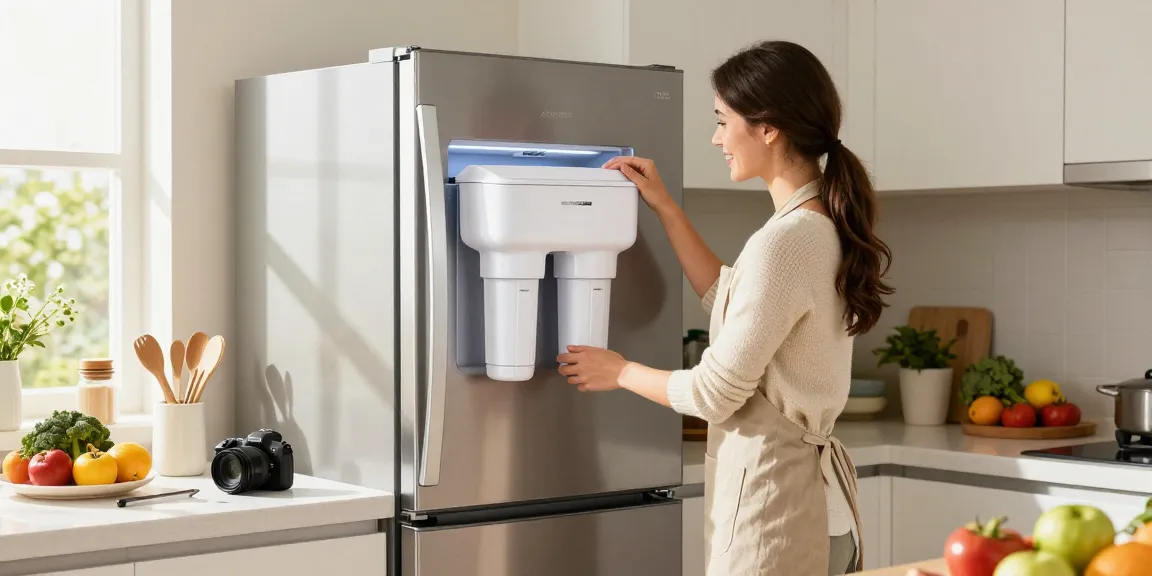 AQUACREST DW2042FR-09 Refrigerator Water Filter installation in a modern kitchen.
