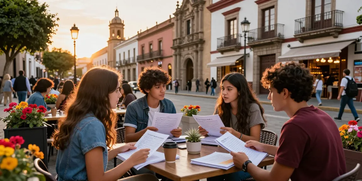 Cursos de español en España discutidos por estudiantes en un animado café al aire libre con un vibrante fondo urbano.