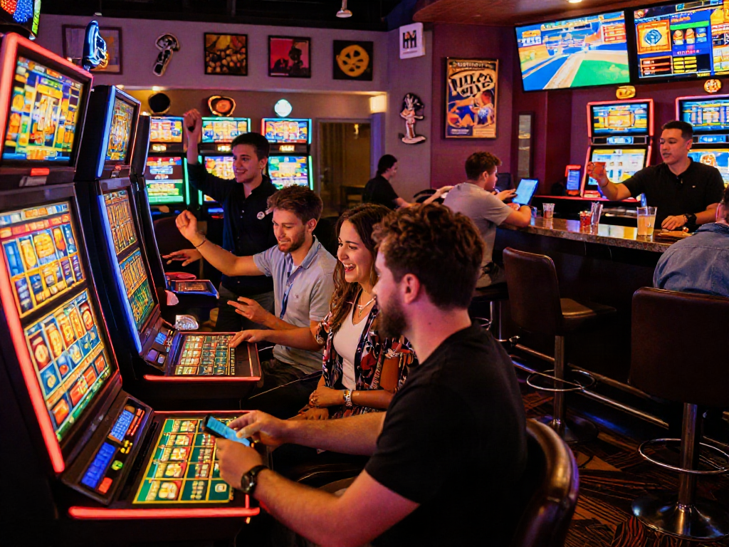 Exciting casino atmosphere with players at slot luar negeri machines celebrating wins and enjoying drinks.