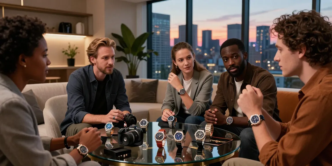 Engaging group of watch enthusiasts discussing clone watches in a stylish urban lounge.