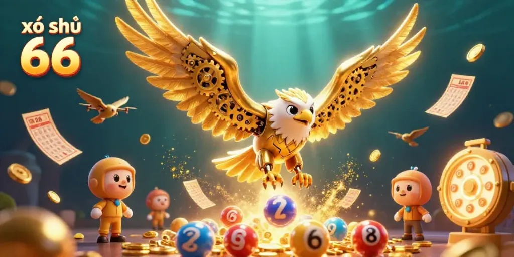 Xổ số 66 diving eagle showcasing lottery excitement in a vibrant digital scene.