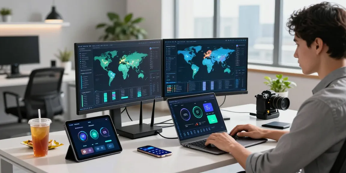快连 VPN enhances productivity in a modern office workspace with high-speed internet and tech devices.