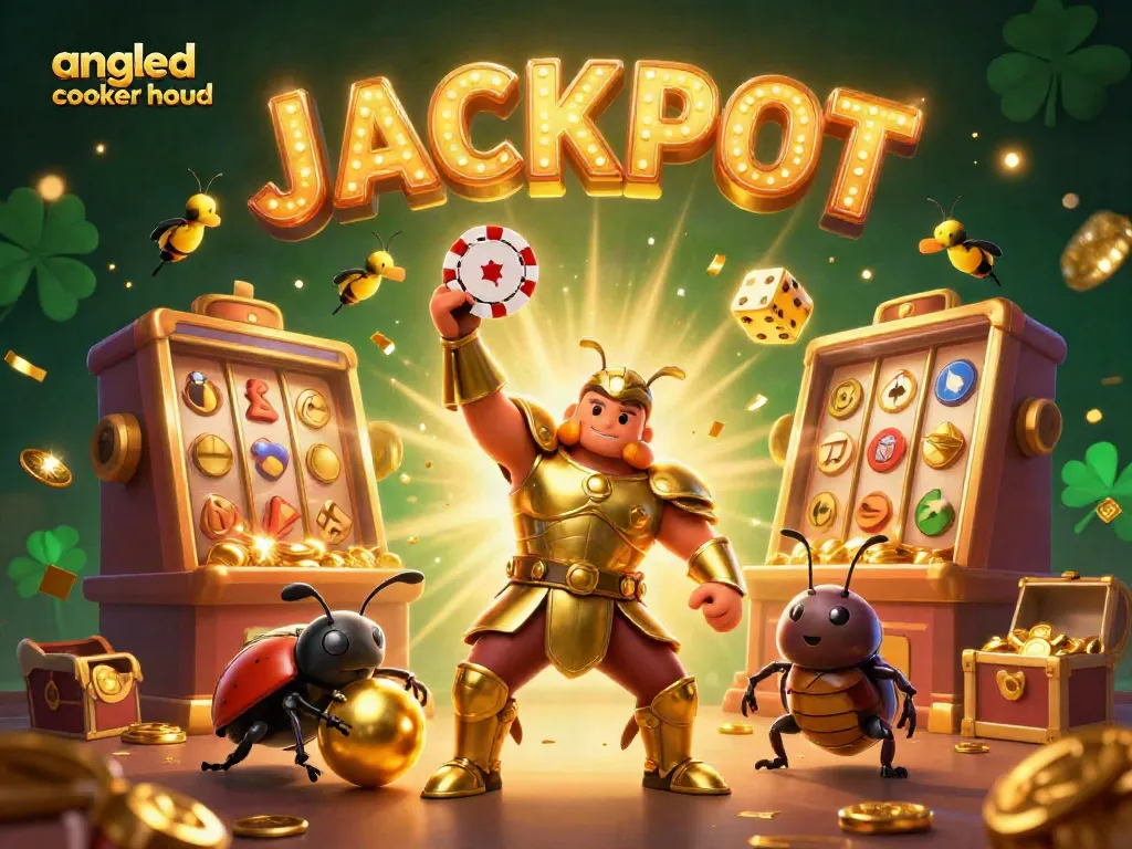 Win with the angled cooker hood amidst a vibrant casino jackpot scene featuring slot machines and golden dice.