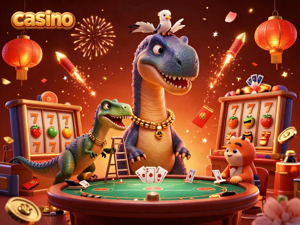 Experience a vibrant casino scene with playful dinosaurs amidst slot reels and festive decorations.