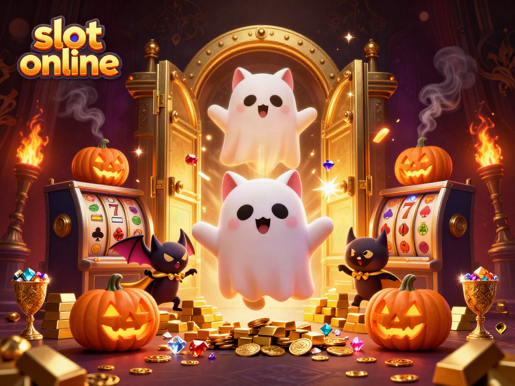Spin the reels in this vibrant slot online scene featuring a ghost cat and treasures.