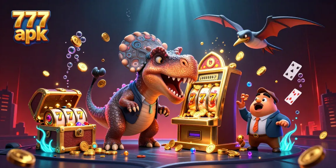 Experience thrilling wins with 777 apk as a pachycephalosaurus activates a slot machine jackpot.