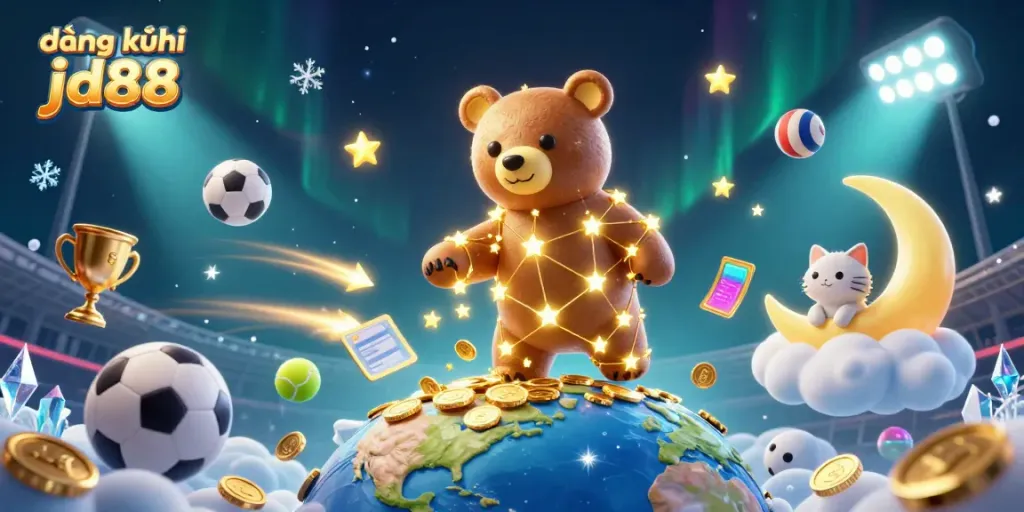 Experience the excitement of đăng ký jd88, featuring a celestial bear and sports elements.