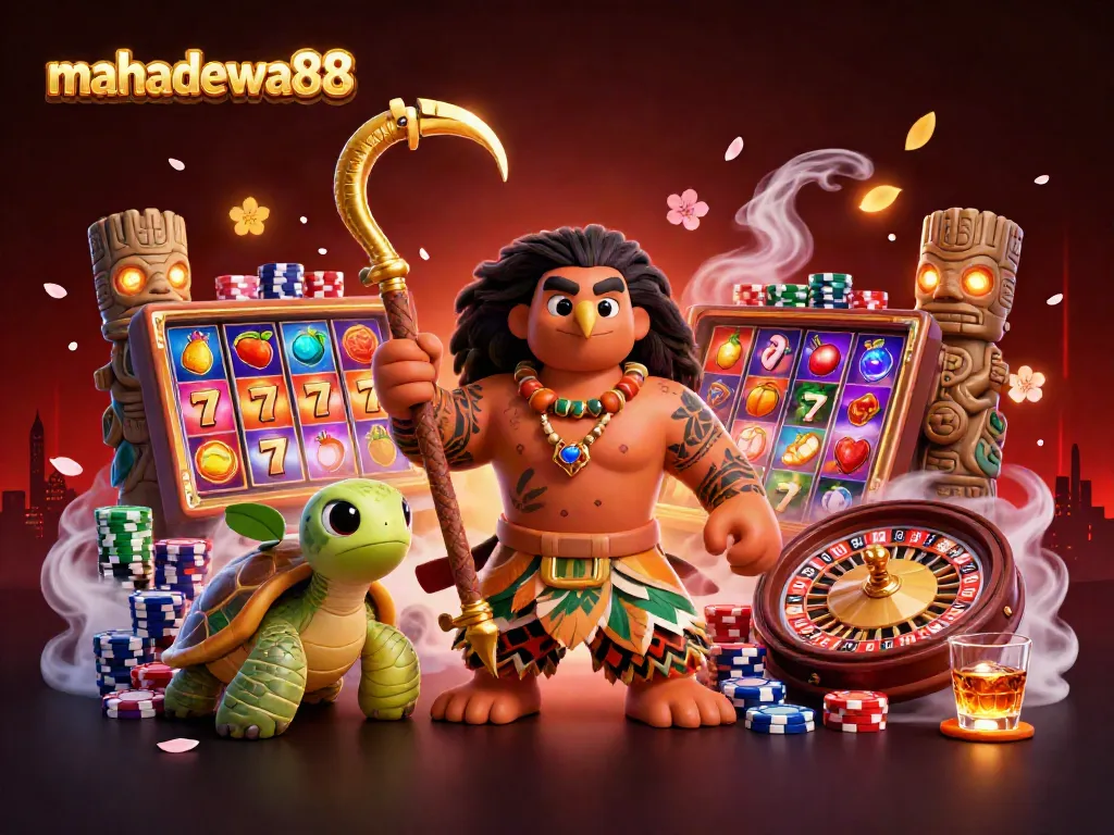 Experience the thrilling action of mahadewa88 with vibrant slot reels and a giant demigod character.