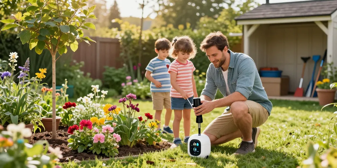 Family using a rainpoint water timer in a vibrant garden, showcasing easy plant care and efficient watering.