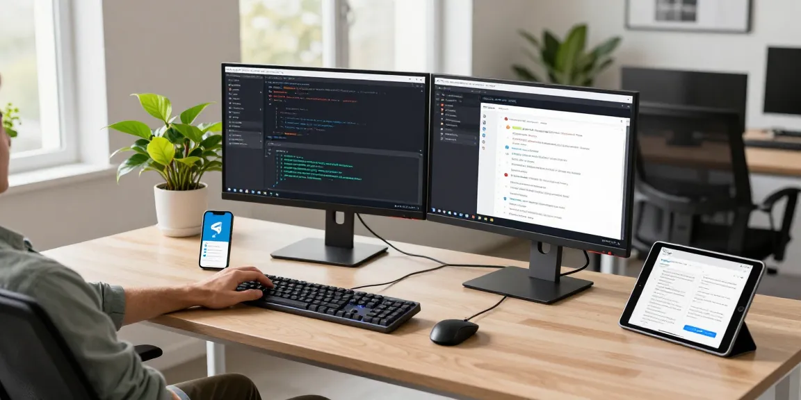 Developer working on Telegram, coding in a modern workspace, highlighting 纸飞机中文版 features.