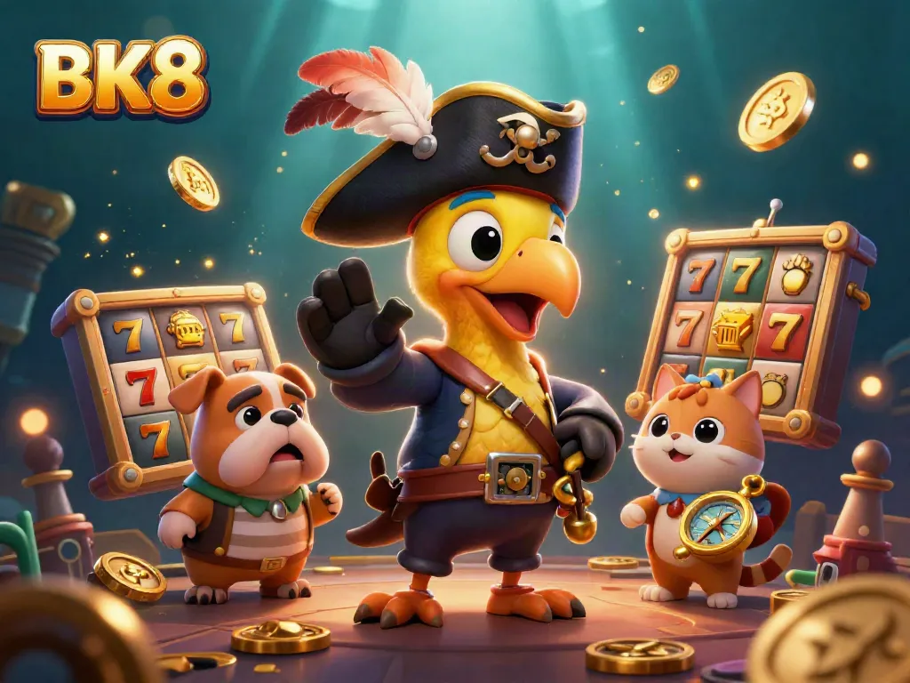 Spin to win at BK8 with an animated pirate captain, bulldog, and navigator in a vibrant casino scene.