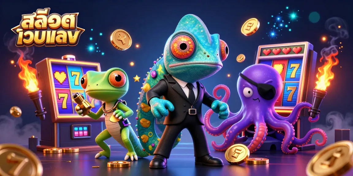 Engage in the excitement of สล็อตเว็บตรง with a 3D illustration of a secret agent chameleon and casino elements.