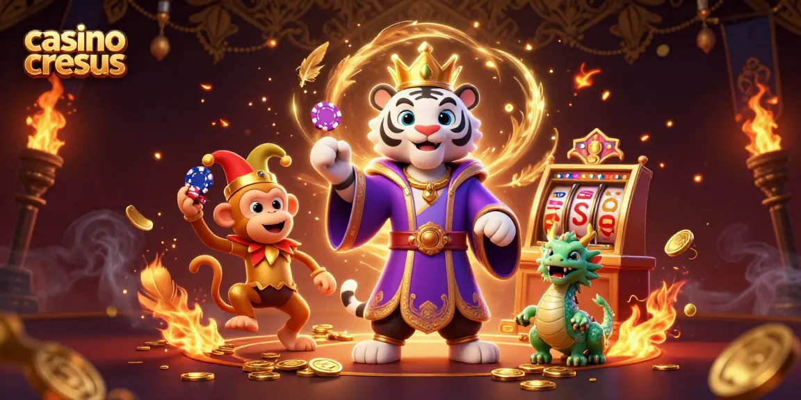 Découvrez le monde vibrant de Casino Cresus avec un tigre élégant, un singe bouffon jonglant avec des jetons et un dragon vivant.