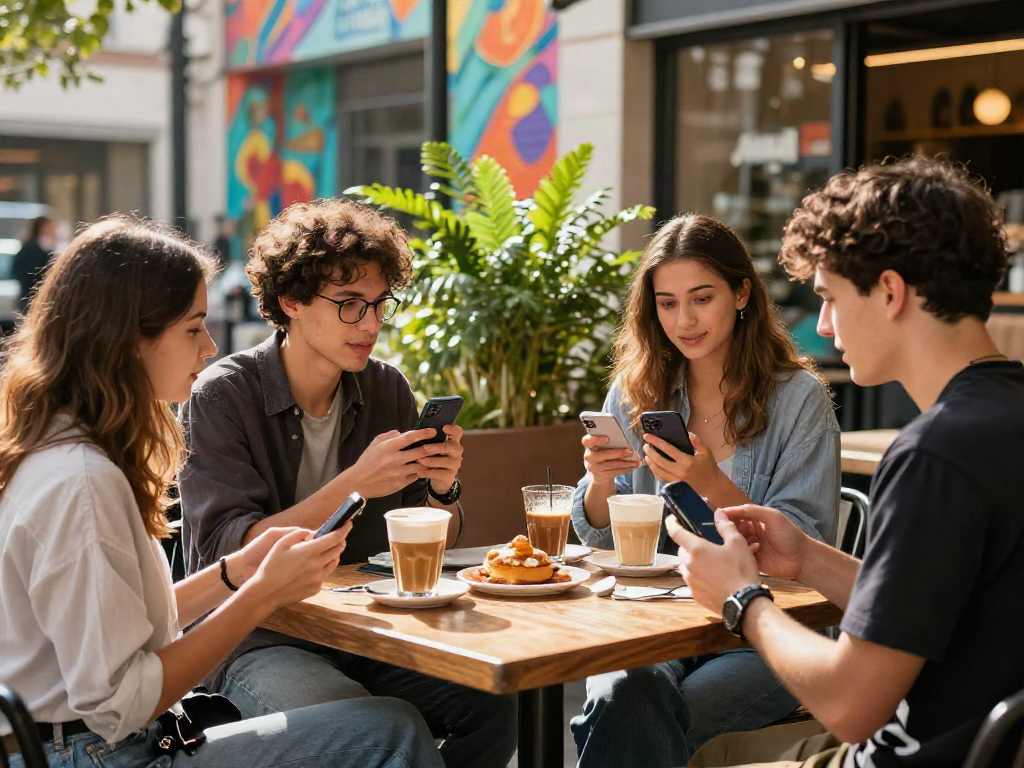 Engaging group enjoying the attractive test at a trendy café, showcasing social interactions in a vibrant urban setting.