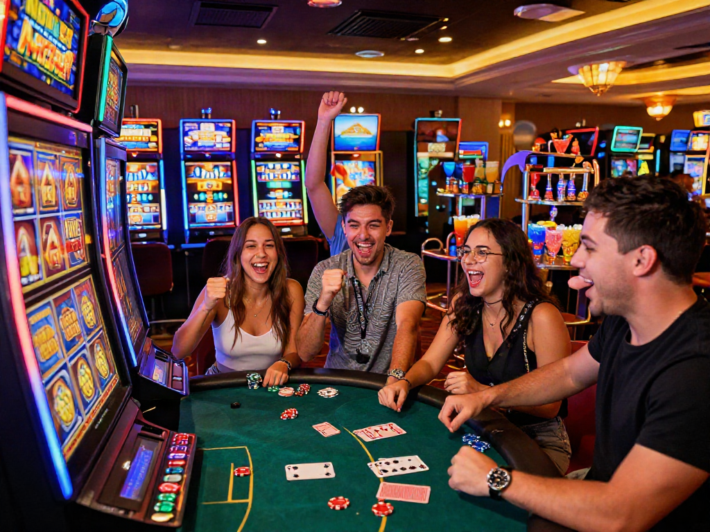 Exciting MEGA888 gaming scene in a lively casino with friends celebrating a big win.